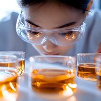 Asian female scientist in protective eyewear examining liquid samples in petri dishes during laboratory research, with dramatic lighting and reflections creating scientific atmosphere.