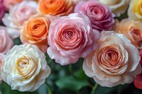 Fresh garden roses in soft pastel shades of pink, peach, orange and cream create romantic floral composition with delicate petals and natural green foliage background.