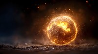 Glowing magical sphere emitting golden light and sparkles against dark background, mysterious fantasy orb floating above ground with particles and energy effects.