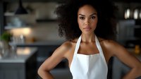 Young African American woman with natural curly hair wearing white apron standing confidently in modern kitchen. Professional female chef or restaurant owner with determined expression.