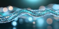 Magical turquoise wave with sparkling glitter effect and bokeh lights on dark background creates dreamy abstract composition for festive designs.