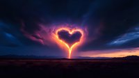 Glowing heart-shaped lightning bolt illuminates dramatic sunset sky over mountain landscape, creating magical romantic atmosphere with vibrant purple and orange hues.