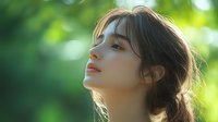 Young Asian woman with natural makeup in sunlit garden setting, soft bokeh background, side profile portrait showing serene expression and glowing skin.