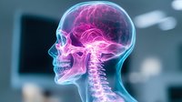 Glowing x-ray visualization of human skull and cervical spine in blue and pink neon colors on dark background shows detailed anatomical structure for medical concept.