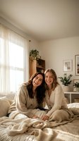 Two young women friends laughing together on bed in cozy bedroom wearing neutral sweaters during morning light for lifestyle content.