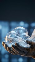 Hands holding glowing digital spheres with circuit patterns against blurred tech background, representing innovation, data networks, and future technology solutions.