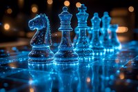 Glowing blue chess pieces on glass board with bokeh background, knight and queen in focus, dramatic lighting creates mystical atmosphere and reflections.