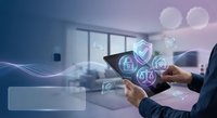Businessman using tablet with digital technology icons and data analytics in modern office environment for business intelligence and smart solutions.