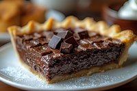 Rich chocolate tart slice with dark chocolate chunks on flaky pastry crust, dusted with powdered sugar on white plate for dessert menu and bakery marketing.