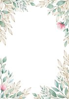 Watercolor botanical frame with hanging green and cream foliage branches, pink flowers, isolated on white background. Ready for wedding invitations, greeting cards, posters, and design projects.