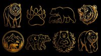 Golden bear clipart set with foil effect, isolated on transparent background. Eight designs including grizzly, paw print, geometric bear, and mother with cub. Great for t-shirts, stickers, sublimation.