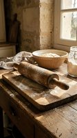 Rustic kitchen scene with wooden rolling pin and flour bowl on vintage table in traditional farmhouse interior for baking and cooking projects.
