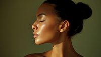 Young African American woman with glowing skin in profile view against dark background, eyes closed, hair in bun, showing natural beauty and serenity in dramatic lighting.