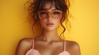 Young Asian woman with messy updo hairstyle wearing transparent glasses and pink top poses against vibrant yellow background, soft beauty portrait with natural makeup.