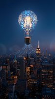 Giant glowing lightbulb floating above illuminated city skyline at dusk with light rays beaming down, symbolizing innovation and bright ideas for business concepts.
