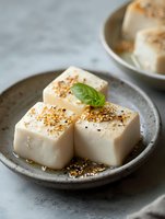 Fresh tofu cubes garnished with sesame seeds, black pepper and basil leaf served on rustic ceramic plate against light background. Healthy Asian cuisine.