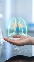 Holographic lungs floating above open palm in modern medical office representing respiratory health care and pulmonary medicine innovation.