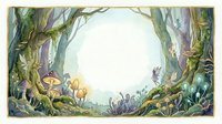 Enchanted forest clearing with ancient twisted trees, magical mushrooms and mystical plants creating natural frame for fairy tale adventures.