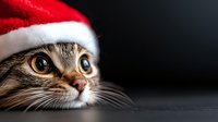 Curious tabby cat wearing red Santa hat peeks from bottom of frame against dark background, creating whimsical holiday portrait with focus on bright eyes.