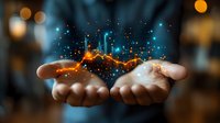 Business professional hands presenting glowing digital city skyline with network connections and data visualization for technology innovation concepts.