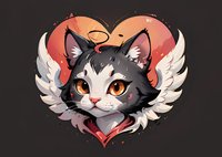 Adorable anime-style cat character with white angel wings in heart-shaped frame, featuring black and white fur, expressive orange eyes, and romantic valentine theme on dark background.