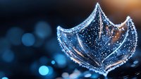 Frost-covered leaf with crystalline ice formations and sparkling water droplets against blurred bokeh background, suitable for winter themes and nature designs.