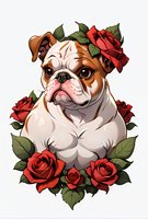 English Bulldog portrait surrounded by blooming red roses and green leaves on white background, cartoon style illustration for prints and designs.