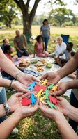 Diverse group of adults and children holding colorful paper cutout figures in circle formation during outdoor park gathering, symbolizing community unity and togetherness for nonprofit campaigns.