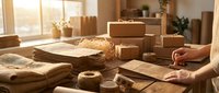 Moving day preparation with cardboard boxes and packing materials in sunlit room ready for relocation and home transition.
