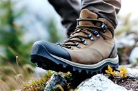 Rugged hiking boot close-up on rocky terrain with yellow wildflowers, showcasing durable leather construction and robust lacing system for outdoor adventure gear.