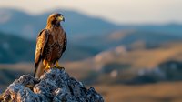 Majestic hawk perched on rocky mountain peak at sunset, golden light illuminating feathers against blurred mountainous landscape background, wildlife photography.
