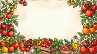 Ripe tomatoes with green foliage frame a rustic wooden crate and fresh sauce, ideal for food, cooking, and agricultural design projects.