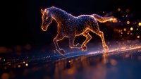 Glowing horse silhouette galloping through magical sparkles and light trails against dark background, luminous particles creating ethereal equine form in motion.