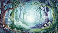 Enchanted forest clearing with mystical trees, glowing light, and magical atmosphere for fantasy storytelling, fairy tale illustrations, and nature designs.
