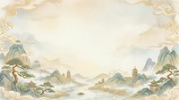 Serene landscape with misty mountains, traditional pagodas, and ornamental borders in soft beige and green tones. Suitable for Asian-inspired designs and cultural artwork.
