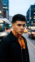 Young Hispanic man in black jacket and orange scarf standing on busy city street at dusk with blurred traffic lights and urban buildings in background.