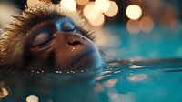 Tranquil monkey relaxing in thermal water with eyes closed and bokeh lights in background, creating peaceful spa-like atmosphere in natural hot spring pool.