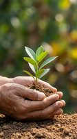 Adult hands holding young seedling with soil against blurred green garden background. Represents environmental conservation, sustainable growth, ecology, and nurturing new life for eco-friendly projects.