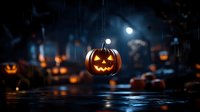 Glowing carved pumpkin lantern hanging over dark water surface with blurred jack o lanterns in background creating spooky Halloween atmosphere.