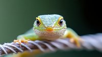 Close up macro portrait of green gecko lizard face with bright orange eyes and detailed scales on blurred natural background, wildlife photography.