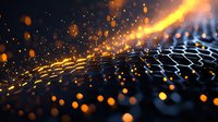 Glowing hexagonal graphene surface with golden light trail and bokeh particles against dark background, futuristic nanotechnology concept.