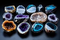 Collection of colorful natural geode specimens with crystal formations displaying purple amethyst, blue agate, and quartz minerals on dark background for geology education.