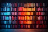 Bookshelf with gradient colored books arranged from cool blue to warm orange and red tones creating dramatic rainbow effect in dark library interior.
