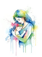 Watercolor mother embracing child with colorful paint splashes and drips on white background. Tender maternal bond artwork for greeting cards and family designs.