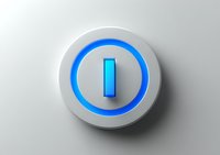 Glowing blue power button on white circular interface with illuminated ring, isolated on gray background for technology design projects.