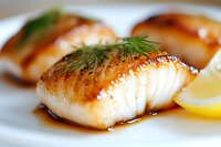 Grilled cod fillet with teriyaki glaze, fresh dill garnish and lemon slice on white plate, selective focus on flaky white fish meat in savory Asian sauce.