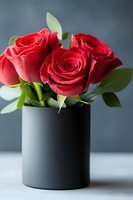 Red roses bouquet in modern black vase on neutral background for romantic occasions, home decor, and floral arrangements.