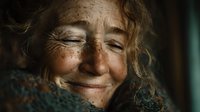 Elderly woman with weathered face and gentle smile wrapped in knitted shawl showing wisdom and life experience through expressive wrinkles and kind eyes.