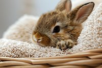 Adorable baby bunny with brown fur resting in cozy wicker basket with soft white blanket, close-up portrait showing sweet expression and fluffy features.