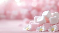 Soft pink marshmallows stacked with fresh white daisies on pink bokeh background creating dreamy romantic mood for valentines day and spring designs.